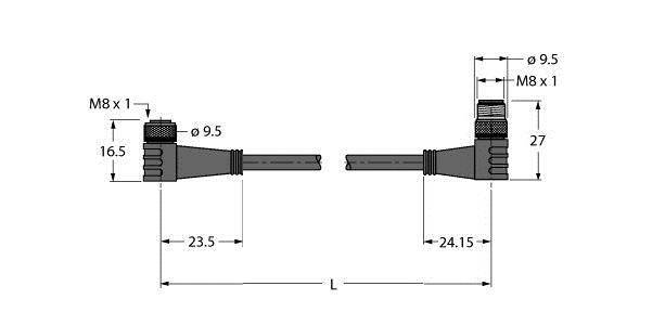 Technische Zeichnung von zwei rechtwinkligen Steckverbindern mit M8 x 1 Gewinde. Maße: 16,5 mm, 23,5 mm, 24,15 mm, 27 mm, Durchmesser 9,5 mm.