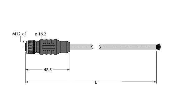 Technische Zeichnung eines Steckverbinders mit M12 x 1 Gewinde und 16,2 mm Durchmesser, Gesamtlänge 48,5 mm, Beschriftungen für Maße.