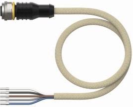 Ein geflochtenes Kabel mit Steckverbinder links und offenen, farblich codierten Adern rechts. Kabel ist zu einer Schleife geformt.