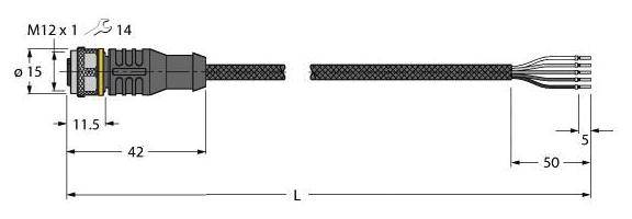 Verbindungsstecker mit Maßen: Stecker M12 x 1, Durchmesser 15 mm, Länge 42 mm. Kabel mit Gesamtlänge L.
