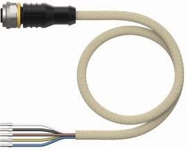 Ein Kabel mit einem Stecker an einem Ende und mehreren farbigen Drähten am anderen Ende, gewickelt in einer Schleifenform.