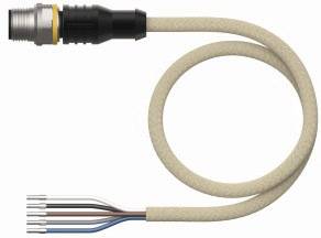 Ein beige-umspritztes Kabel mit einem Metallstecker auf der einen und offenen Drahtenden auf der anderen Seite.