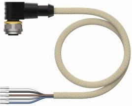 Ein abgewinkelter Steckverbinder mit angeschlossenem Kabel. Das Kabel hat vier freiliegende Drähte an einem Ende.