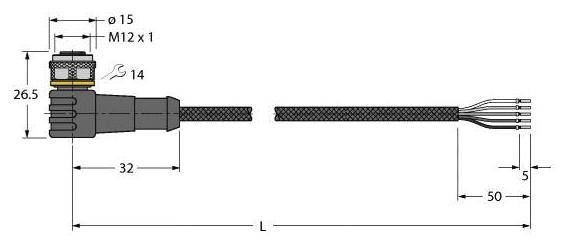 Technische Zeichnung eines Kabels mit M12-Stecker links und offenen Anschlussdrähten rechts. Maße: 32 mm Länge, 50 mm Breite, 5 mm Drahtlänge.