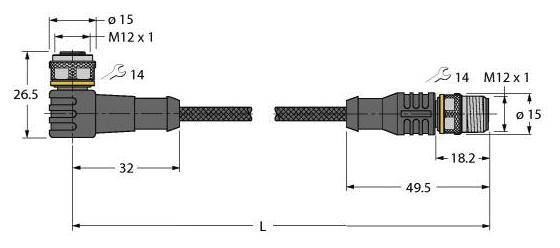 Schematics eines M12-Steckers mit Kabel. Links: Winkelstecker, Länge 32 mm. Rechts: Gerader Stecker, Länge 49,5 mm. Kabeldurchmesser: 15 mm.