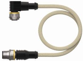 Ein beige Kabel mit schwarzen Steckverbindern an beiden Enden, gewickelt in einer Schlaufe. Eines der Enden hat einen rechtwinkligen Anschluss.