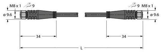'Stecker M8x1' Zeichnung: Beidseitige Stecker mit Maßen 9 mm Durchmesser, 34 mm Länge. Schraubenschlüssel- und Maßangaben gezeigt.