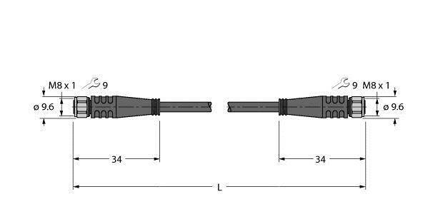 Technische Zeichnung zeigt zwei gegenüberliegende Steckverbinder, beschriftet mit M8 x 1, 9 und 0,96, und die Leitungslänge 34 mm.