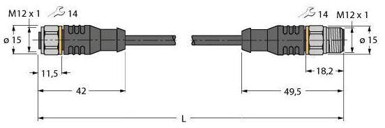 Diagramm zweier Steckverbinder M12x1 mit Maßen: Links 11,5 mm Länge, rechts 18,2 mm Länge. Gesamtabstand zwischen Steckern L.