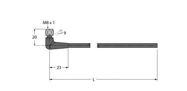 Technische Zeichnung eines Gewinkelten Verbindungsstücks mit M8 x 1 Gewinde. Maße: 20 mm Höhe, 23 mm Breite, Länge 'L'.
