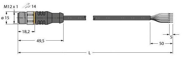 Diagramm eines Steckers mit Kabel. Abmessungen: Steckerlänge 49,5 mm, Breite 18,2 mm, Kabeldurchmesser 5 mm, Gesamtlänge L.