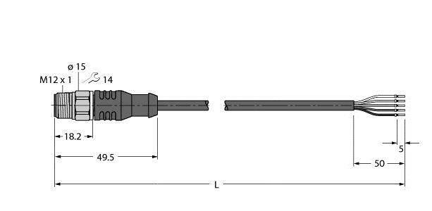 Technische Zeichnung eines M12 x 1 Steckverbinders mit Maßen: Länge 49,5 mm, Kabeldurchmesser 5 mm. Typischer Einsatz in industriellen Anwendungen.