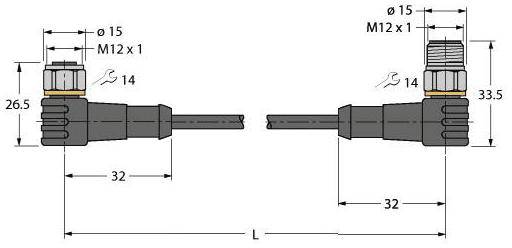 Technische Zeichnung von zwei M12-Steckverbindern mit Maßen: Durchmesser 15 mm, Länge 32 mm, Höhe 33,5 mm und 26,5 mm.