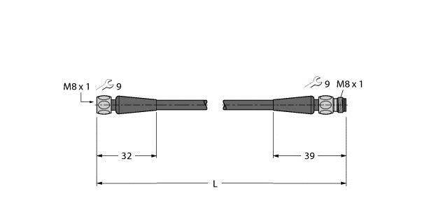 Technische Zeichnung von zwei Stiftkontakten mit Maßen: 32 mm und 39 mm Länge von Gewinde M8 x 1. Schlüsselweite 9.