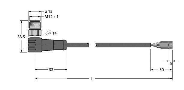Technische Zeichnung eines M12-Steckverbinders, Detailansicht mit Abmessungen: Länge 32 mm, Gesamtlänge variabel (L), Kabel 50 mm.