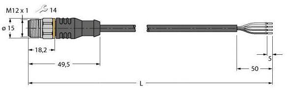 Technische Zeichnung eines M12-Steckers mit Kabel. Länge 49,5 mm bis 50 mm, Durchmesser 15 mm. Zeigt Maße der Komponenten.