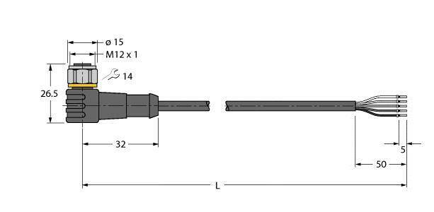 Technische Zeichnung eines M12-Steckverbinders mit Abmessungen: Durchmesser 15, Länge insgesamt L, Längenangaben für Bauteile.