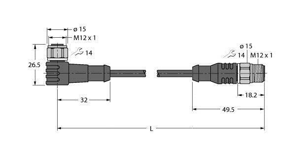 Technische Zeichnung eines Steckverbinders mit Maßen: Links 32 mm Länge, rechts 49,5 mm, Durchmesser 15 mm, M12 x 1 Gewinde.