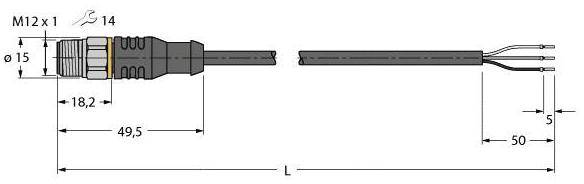 Elektrischer M12-Steckverbinder mit Kabel. Maße sind Ø15, 18,2, 49,5 mm und 50 mm. Der Anschlussbereich ist mit Adern versehen.