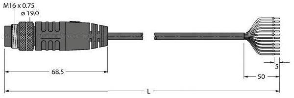 Technische Zeichnung eines M16-Steckers mit Kabel, Gesamtlänge L, Hauptmaße: Länge 68,5 mm, Durchmesser 19 mm, zusätzliche Maße für Kabelverzweigung.