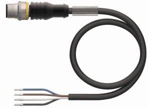Ein schwarzes Kabel mit einem Metallstecker auf der einen Seite und vier offenen, farbcodierten Drähten auf der anderen Seite.