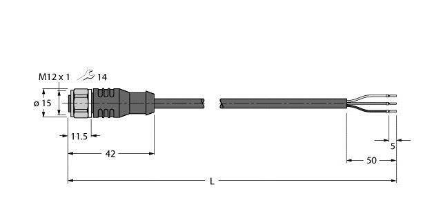 Technische Zeichnung eines M12-Steckers mit Abmessungen: 15 mm Durchmesser, 42 mm Länge, Gesamtlänge L, Kabelenden mit drei Drähten.