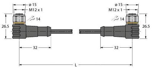 Technische Zeichnung eines M12-Steckers, seitlich dargestellt. Maße: Länge 32 mm, Durchmesser 15 mm. Gewinde M12 x 1.