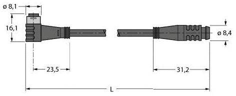 Technische Zeichnung eines Steckers mit Abmessungen: Länge 23,5 mm, Breite 8,1 mm und Durchmesser 8,4 mm. Profil- und Seitenansicht.