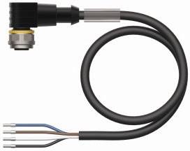 Schwarzes, gewundenes Kabel mit einem abgewinkelten Steckeranschluss an einem Ende und vier freiliegenden farbkodierten Drähten am anderen.