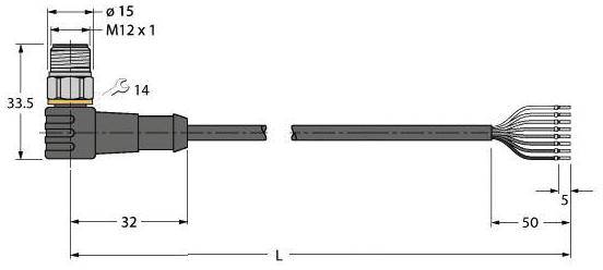 Technische Zeichnung eines M12 Steckers mit Maßen: Länge 32 mm, Breite 33,5 mm; Drahtlänge 50 mm. Weitere Anschlüsse rechts.