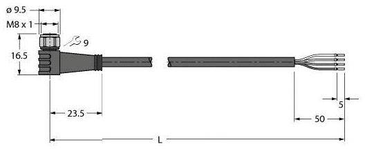 Technische Zeichnung eines Steckers mit Kabelarbeit, zeigt Abmessungen: Steckerlänge 23,5 mm, Gesamtlänge 'L', Drahtabstände 5 mm.