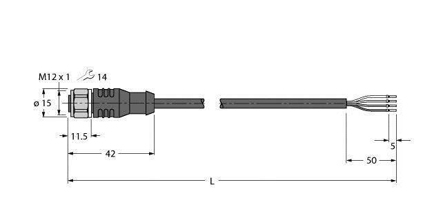 Technische Zeichnung eines Steckverbinders mit M12-Gewinde. Zeigt Maße: ø15, 11.5, 42, L, 50 und 5 mm. Enthält Drahtenden.