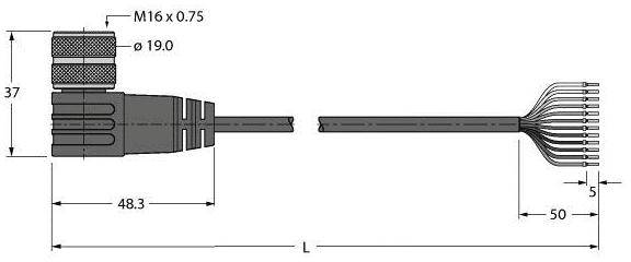 Darstellung eines Steckverbinders mit Kabeln. Maße sind angegeben: Länge 48,3 mm, Durchmesser 19 mm, Gewinde M16 x 0,75. Kabelsplittung 50 mm.