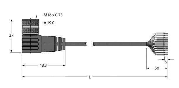 Technische Zeichnung eines elektrischen Steckers mit Kabel. Maße: 37 Breite, 48.3 Länge, 50 Länge von Kabel mehrteilig, M16 x 0.75 Durchmesser.