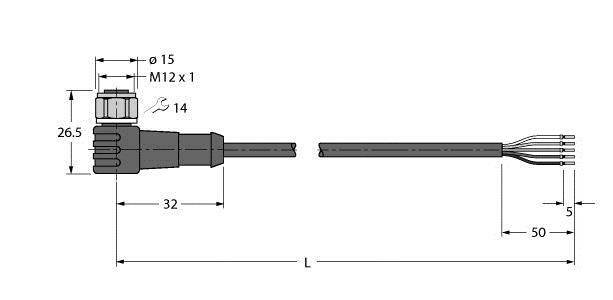 Technische Zeichnung eines M12-Steckers mit Abmessungen: Durchmesser 15 mm, Länge 32 mm, Gesamtlänge L. Kabelenden mit vier Drähten.