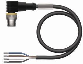 Ein schwarzes, ummanteltes Kabel mit einem rechtwinkligen Stecker und offenen Drähten am anderen Ende.