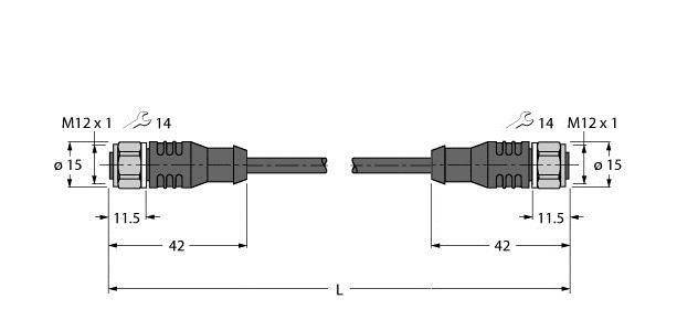 Technische Zeichnung eines Kabels mit M12-Steckern an beiden Enden. Maße sind angegeben: Gesamtlänge (L), 42 mm und 11,5 mm für Teile des Steckers.