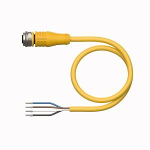 Gelbes Kabel mit einem Stecker auf der einen und vier abisolierten Drahtenden auf der anderen Seite, dargestellt auf weißem Hintergrund.