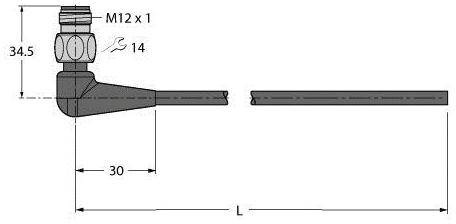 Technische Zeichnung eines Gewinderohrs mit den Maßen M12 x 1 mm, 34,5 mm Höhe, 30 mm Basislänge, zeigt Anschlüsse und Rohrlänge L.