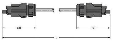 Zwei Steckverbinder mit einer Gesamtlänge von 136 mm sind dargestellt. Jeder Steckverbinder ist 68 mm lang.