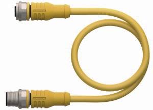 Gelbes Verbindungskabel mit zwei Steckern. Das Kabel ist zu einer Schleife geformt. Verwendung in elektronischen Anwendungen.