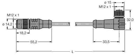 Zeichnung zweier M12-Stecker mit Abmessungen: linker Stecker 55,2 mm lang, rechter Stecker abgewinkelt bei 33,5 mm, beide mit Schraubgewinde.