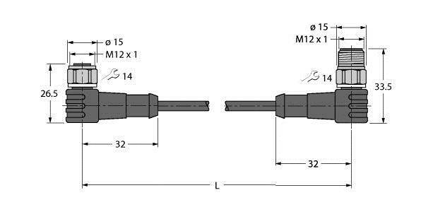 Technische Zeichnung von zwei gegenüberliegenden, rechtwinkligen M12-Anschlüssen mit Maßangaben.