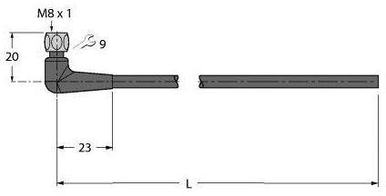 Technische Zeichnung eines Winkelfittings mit M8 x 1 Gewinde, 20 mm Höhe, 23 mm Breite, Länge L, und einem Durchmesser von 9 mm.