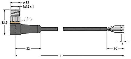 Verkabelungsdiagramm eines Steckers mit Maßen: Durchmesser 15 mm, Gewinde M12x1, Gesamtlänge der Kabel 50 mm, Stecker 32 mm.