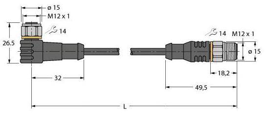 Diagramm zeigt zwei M12-Steckverbinder mit Bemaßungen: 15 mm Durchmesser, 26,5 mm Höhe links, 49,5 mm Länge rechts.