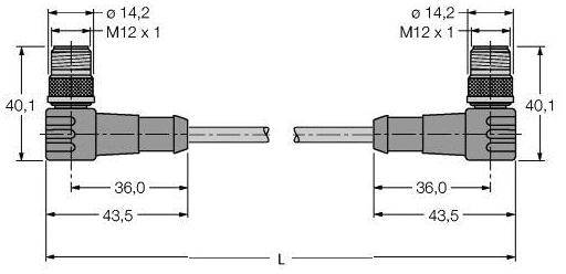 Technische Zeichnung von zwei identischen Steckern mit M12-Gewinde, Abmessungen: Länge 43,5 mm, Durchmesser 14,2 mm, Detailansichten links und rechts.