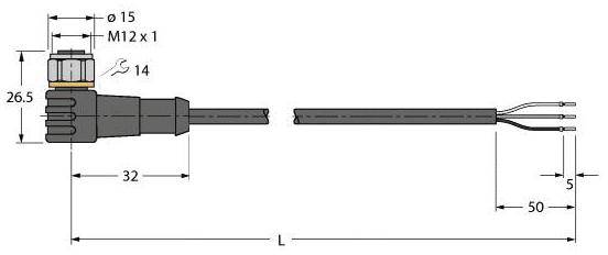 Anschlussstecker mit Abmessungen: Länge 32 mm, Höhe 26,5 mm, und Kabel mit offenen Enden. Markiert mit M12 x 1 und ℅ 15.
