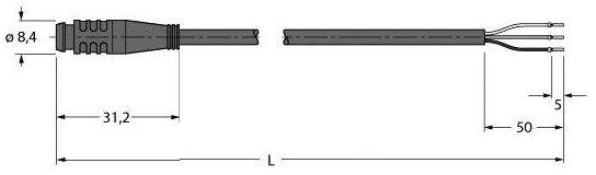 Technische Zeichnung eines Steckers mit Maßen. Gesamtlänge L, Steckerlänge 31,2 mm, Kabeldurchmesser 8,4 mm, Kabelenden 50 mm lang.