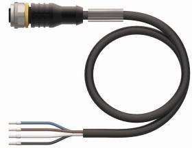Ein schwarzes Kabel mit Stecker und vier farbigen Drähten: blau, braun, grau und schwarz.
